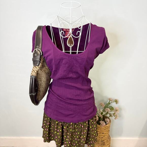 Cute vintage y2k purple tight lace pleated stretchy top - Picture 2 of 6